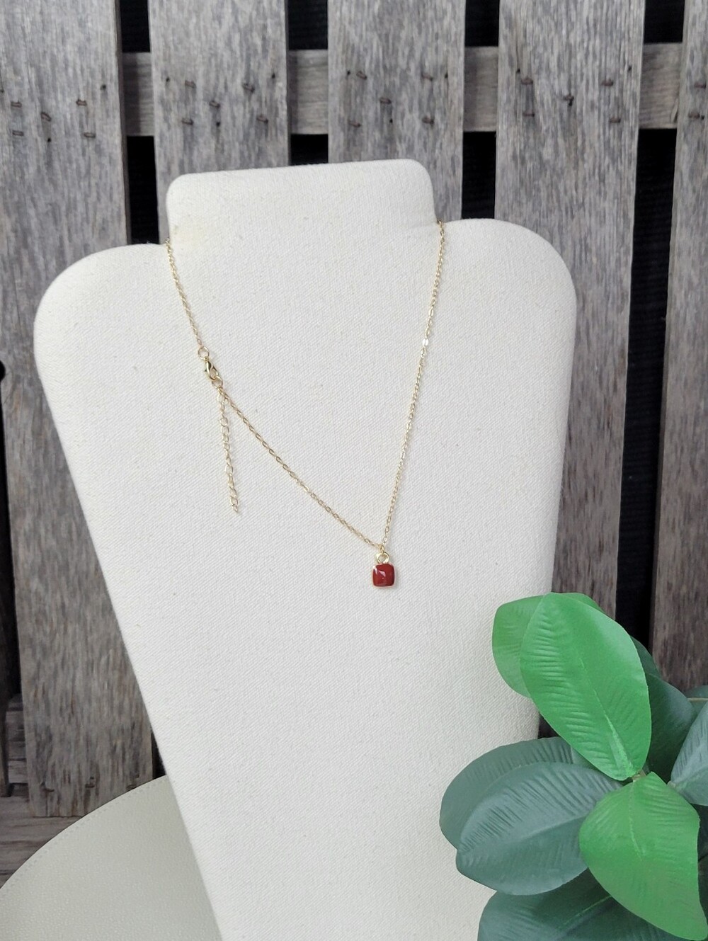 Gold Chain Necklace with Dark Red Opqaque Stone Pendant - Women's Jewelry - Picture 3 of 4